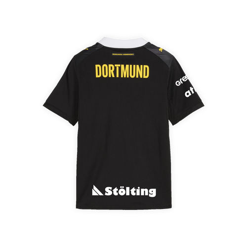 Das BVB-Auswärtstrikot 26/27 für Kinder in schwarz mit gelbem Dortmund-Schriftzug auf der Rückseite und weißen Sponsorenlogos, geeignet für Handballfans.