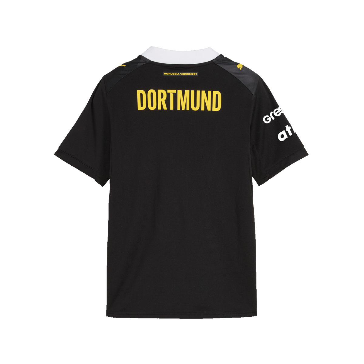 Das BVB-Auswärtstrikot 26/27 für Kinder in schwarz mit gelbem Dortmund-Schriftzug auf der Rückseite und weißen Sponsorenlogos, geeignet für Handballfans.