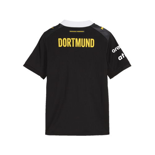 Le maillot extérieur du BVB 26/27 pour enfants, de couleur noire, avec l'inscription « Dortmund » en jaune au dos et des logos de sponsors blancs, idéal pour les fans de handball.