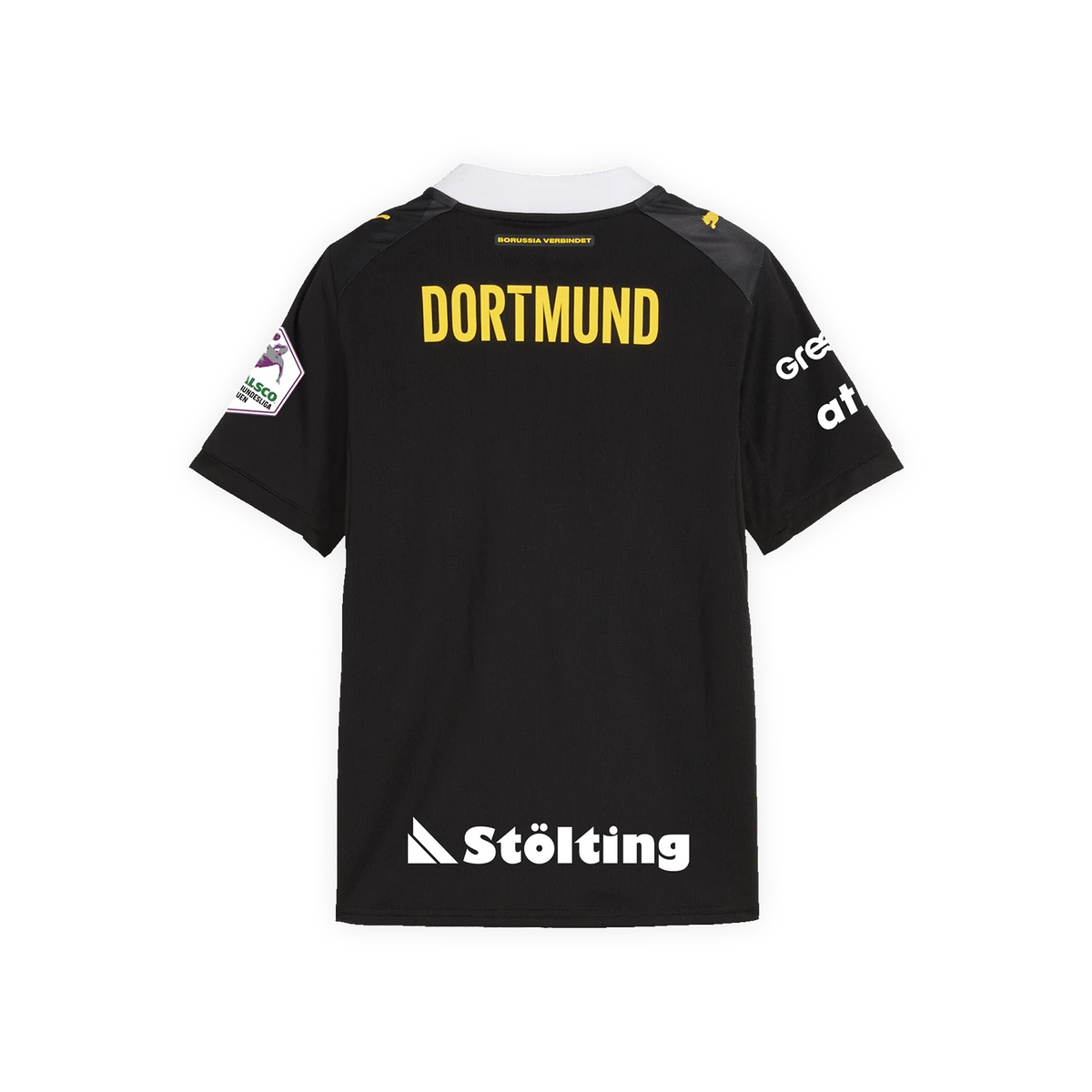 Das BVB Auswärtstrikot 26/27 für Kinder in schwarzgelber Farbkombination. Rückansicht mit gelbem Schriftzug 'Dortmund' und Sponsorenlogos auf den Ärmeln.
