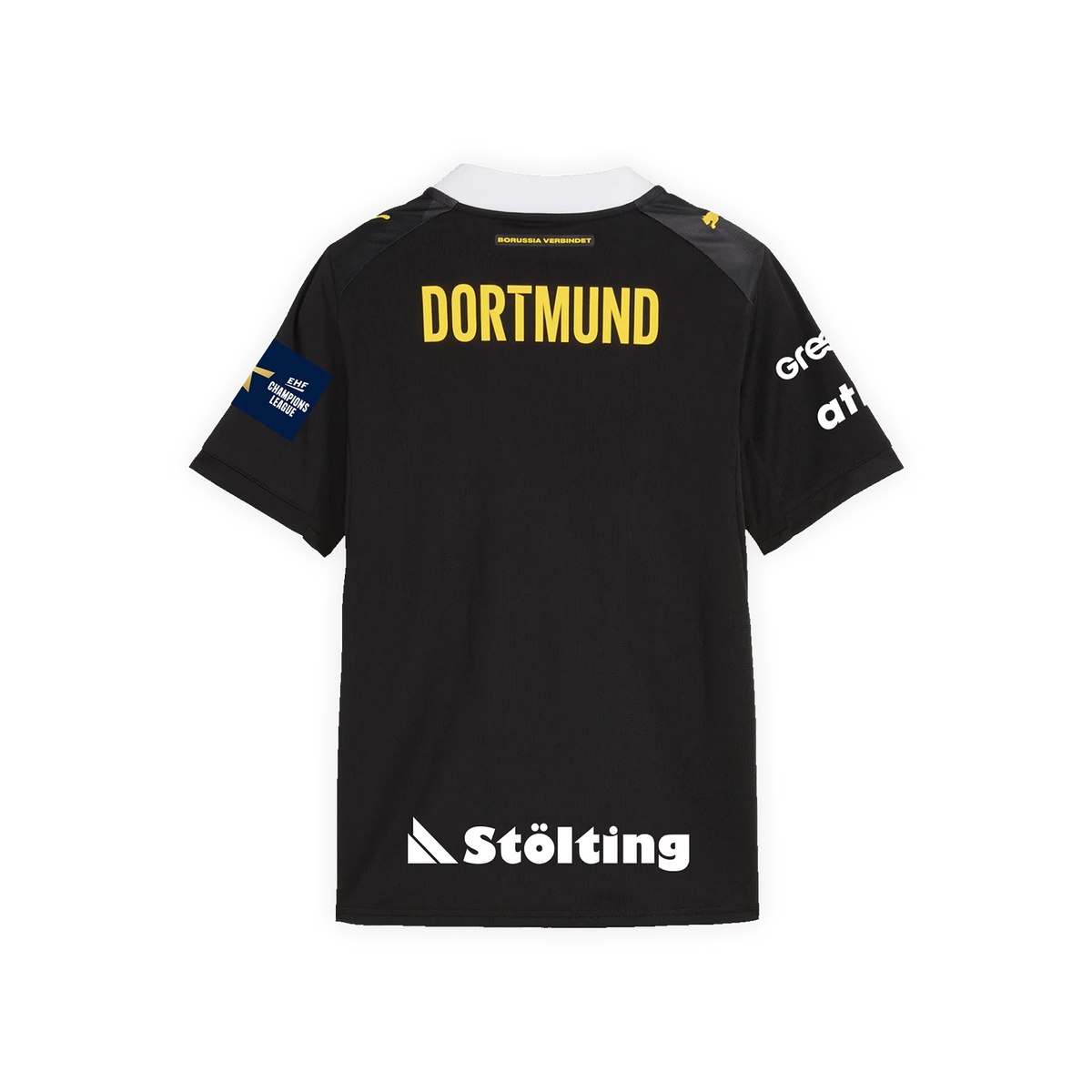 Das BVB-Auswärtstrikot 26-27 für Kinder in schwarzgelb, mit Rückansicht, gelbem 'DORTMUND'-Schriftzug, BVB-Logo und Sponsorenlogos.