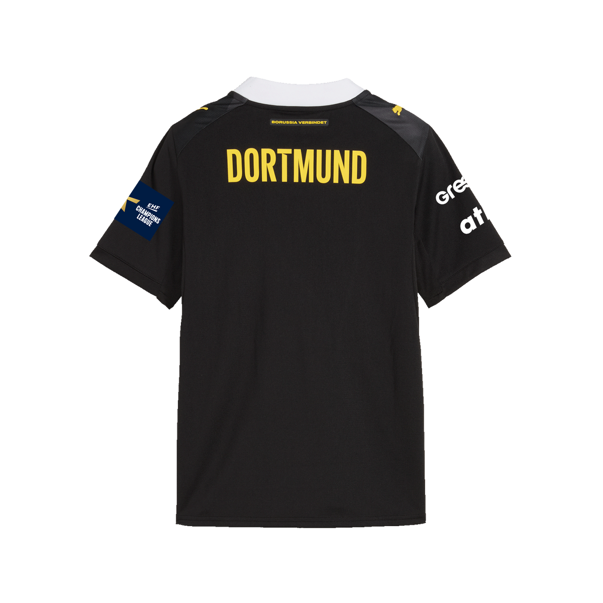 La maglia da trasferta del BVB stagione 26-27 per bambini nei colori nero e giallo, vista da dietro, con la scritta gialla “DORTMUND”, il logo del BVB e i loghi degli sponsor.