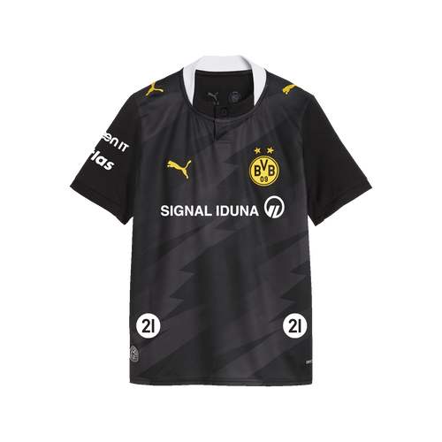 Schwarzes BVB Auswärtstrikot für Kinder aus der Saison 2026/2027 mit gelben Details, PUMA-Logo, BVB-Emblem und SIGNAL IDUNA Sponsorenlogo auf der Brust.