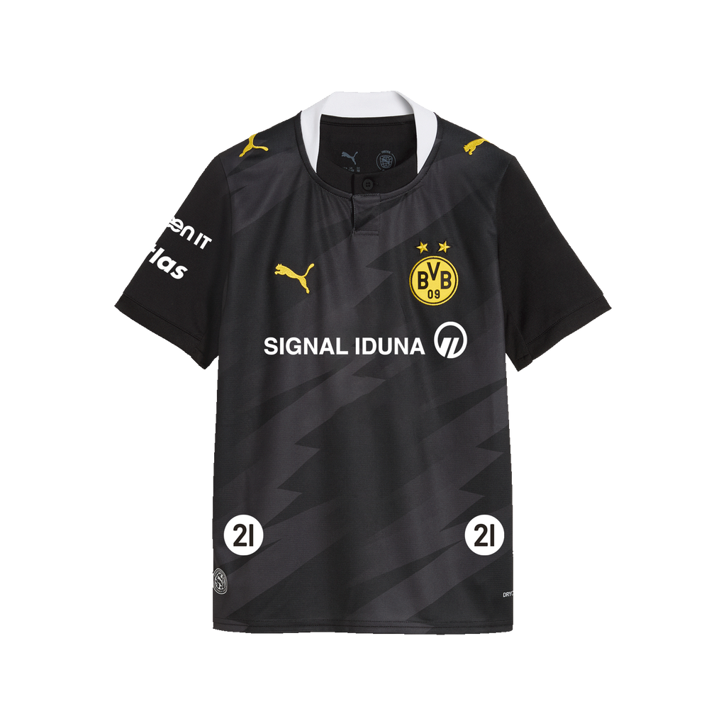 Schwarzes BVB Auswärtstrikot für Kinder aus der Saison 2026/2027 mit gelben Details, PUMA-Logo, BVB-Emblem und SIGNAL IDUNA Sponsorenlogo auf der Brust.