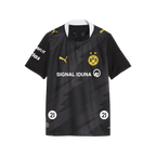 Maglia da trasferta nera del BVB per bambini della stagione 2026/2027 con dettagli gialli, logo PUMA, stemma del BVB e logo dello sponsor SIGNAL IDUNA sul petto.