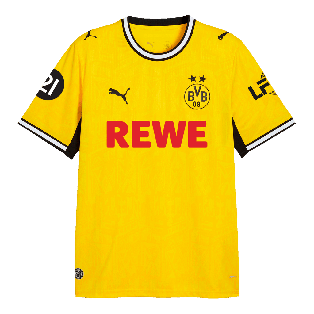 Gelbes BVB-Heimtrikot in der Vorderansicht mit schwarzem Kragen, kurzen Ärmeln, BVB-Emblem, Puma-Logo und REWE-Aufdruck.