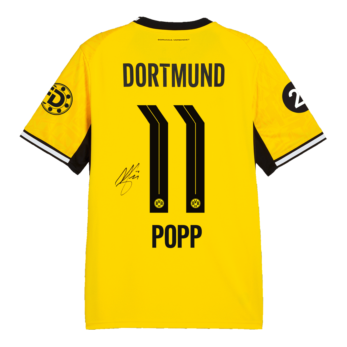 Rückansicht des gelben BVB-Trikots mit schwarzem Kragen, Rückennummer 11, Namensaufdruck Popp und Unterschrift, ideal für Borussia Dortmund Fans.