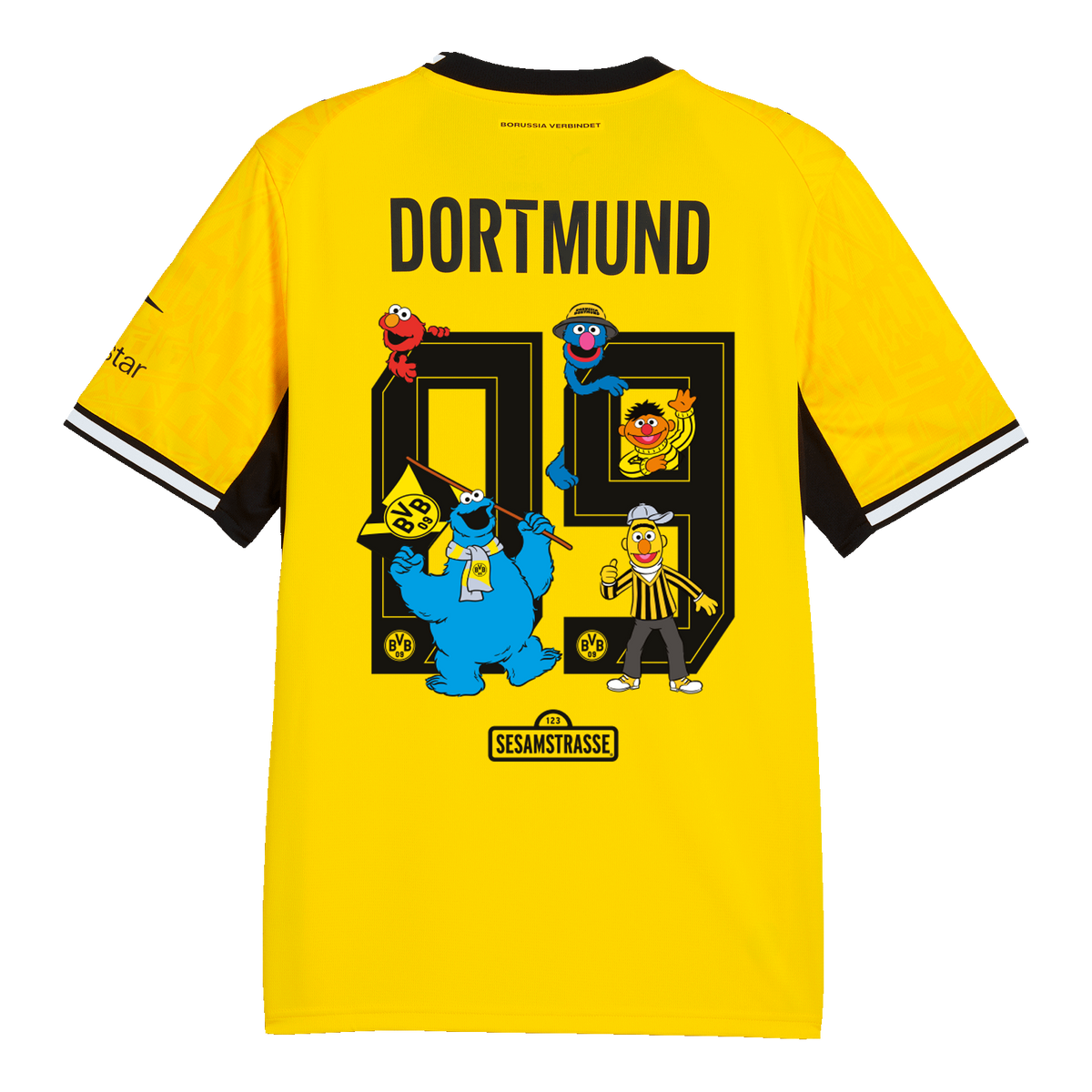 Camiseta amarilla de local del BVB para mujer de la temporada 26/27 con diseño de Barrio Sésamo, detalles en negro y amarillo, el escudo del BVB y personajes como el monstruo de las galletas y Ernie.