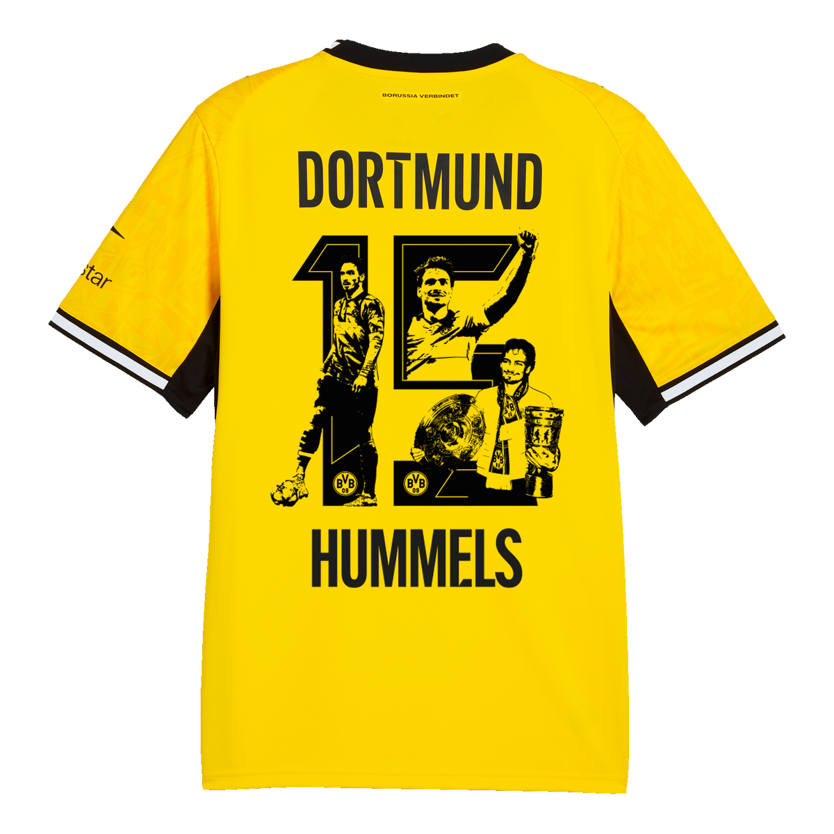 Das BVB-Heimtrikot 26/27 in Gelb mit schwarzen Ärmeln, Rückansicht mit Hummels und Nummer 15 sowie Dortmund-Aufdruck, ideal für Fans von Borussia Dortmund.