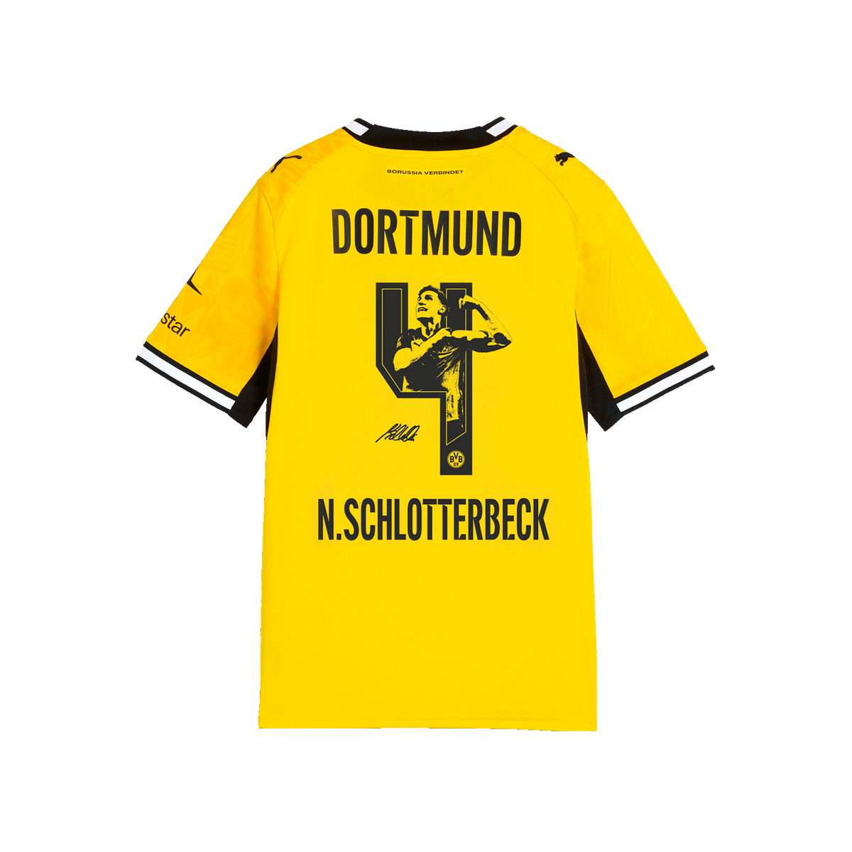 Rückansicht des BVB-Heimtrikots 26/27 mit der Nummer 4 und Bild von Nico Schlotterbeck.