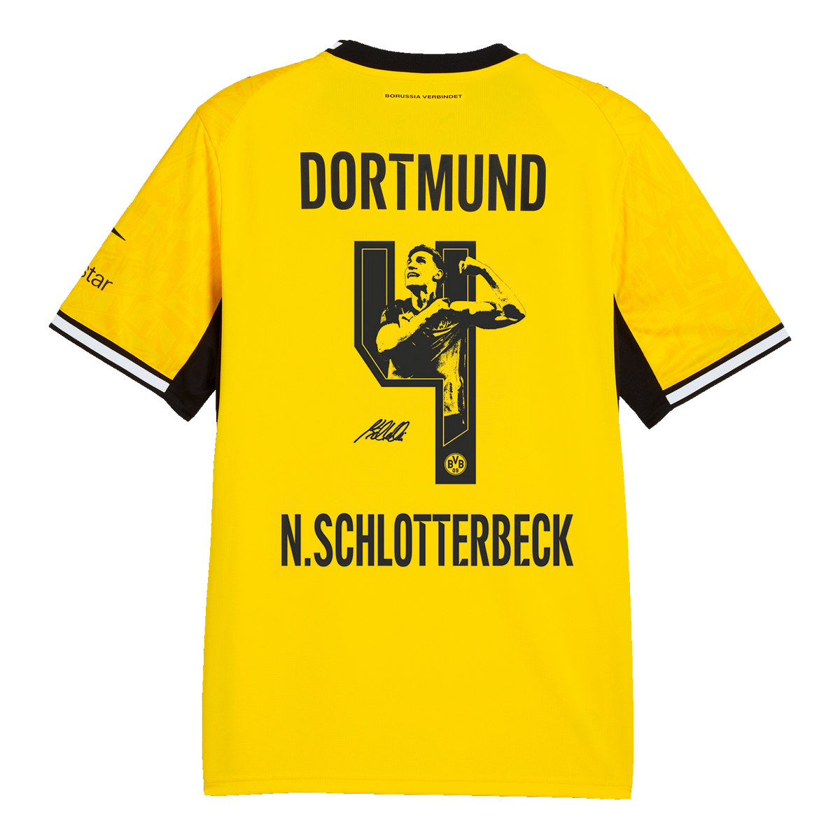 La camiseta de local del BVB de la temporada 26-27 en colores negro y amarillo, vista desde atrás con el dorsal y el nombre «N. Schlotterbeck», así como un retrato gráfico del jugador y los detalles del club.