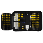 A black school pencil case with the BVB logo and a black-and-yellow design, equipped with pens, a ruler, an eraser, and a fountain pen.