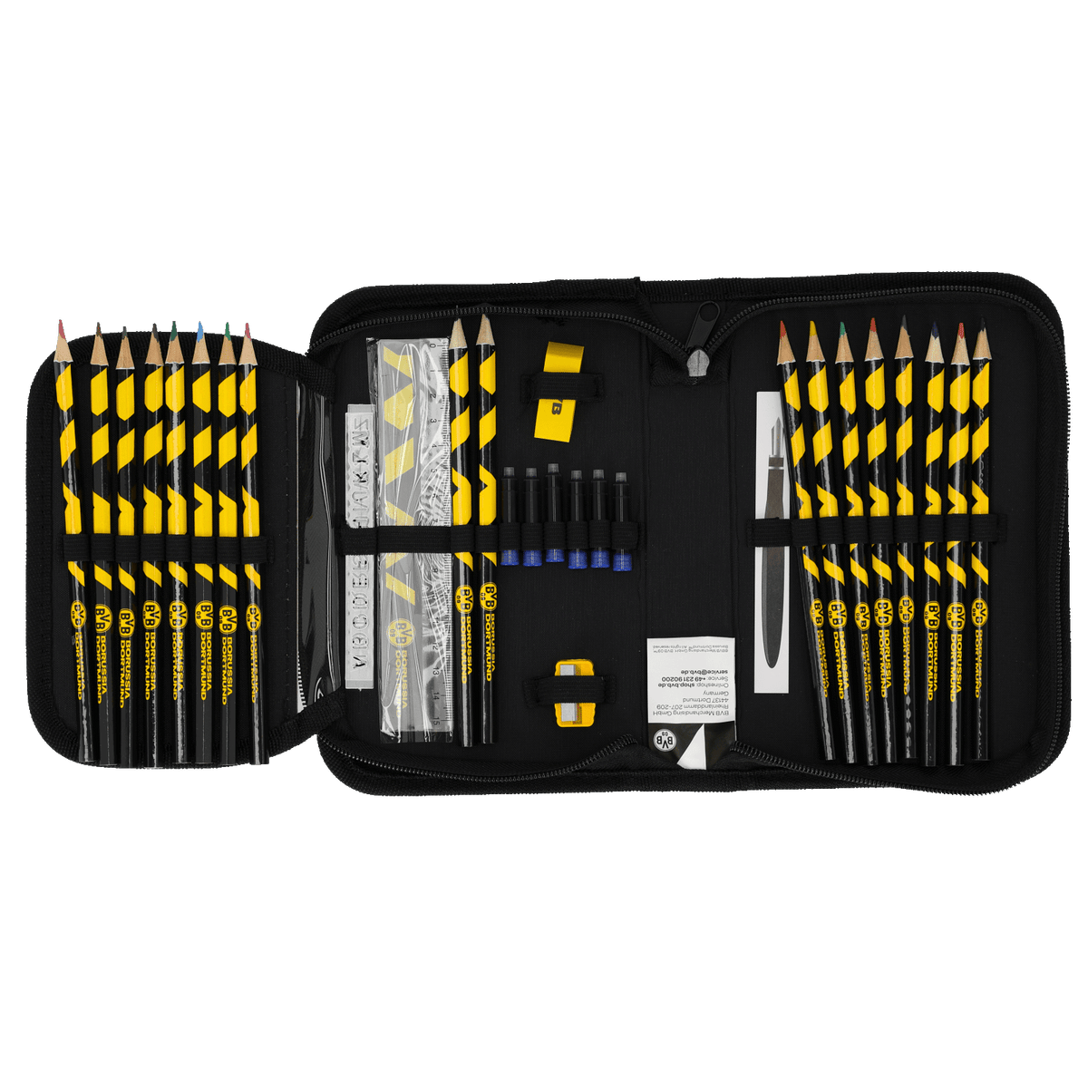 Astuccio nero pieno con il logo del BVB e un design nero e giallo, dotato di penne, righello, gomma e penna stilografica.