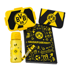 School set featuring the BVB logo in black and yellow, consisting of a lunchbox, water bottle, homework notebook, and pencil case—perfect for young BVB fans.