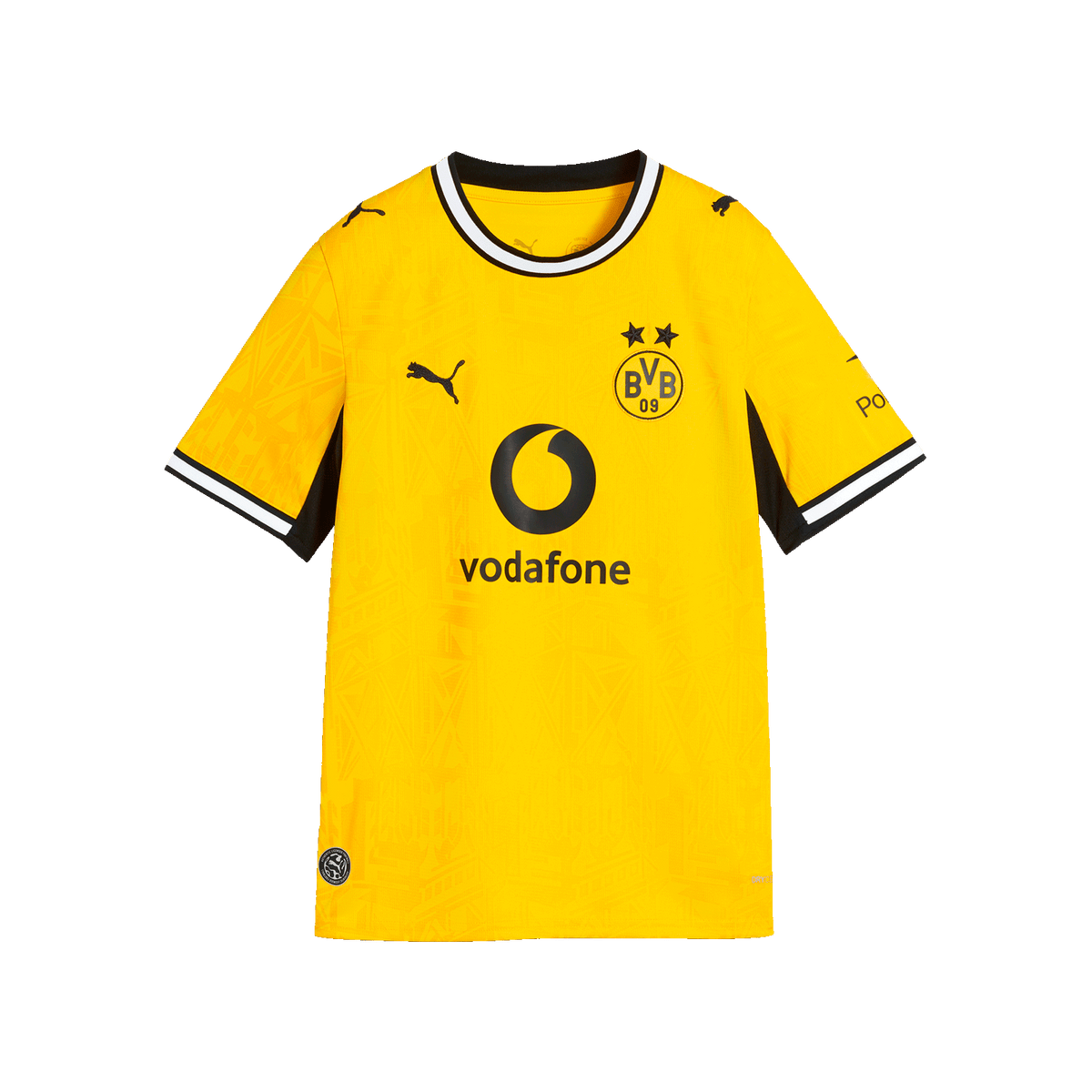The yellow BVB home jersey for the 2026–2027 season for kids, featuring black-and-white accents, the BVB logo, the PUMA logo, and the Vodafone logo on the chest.