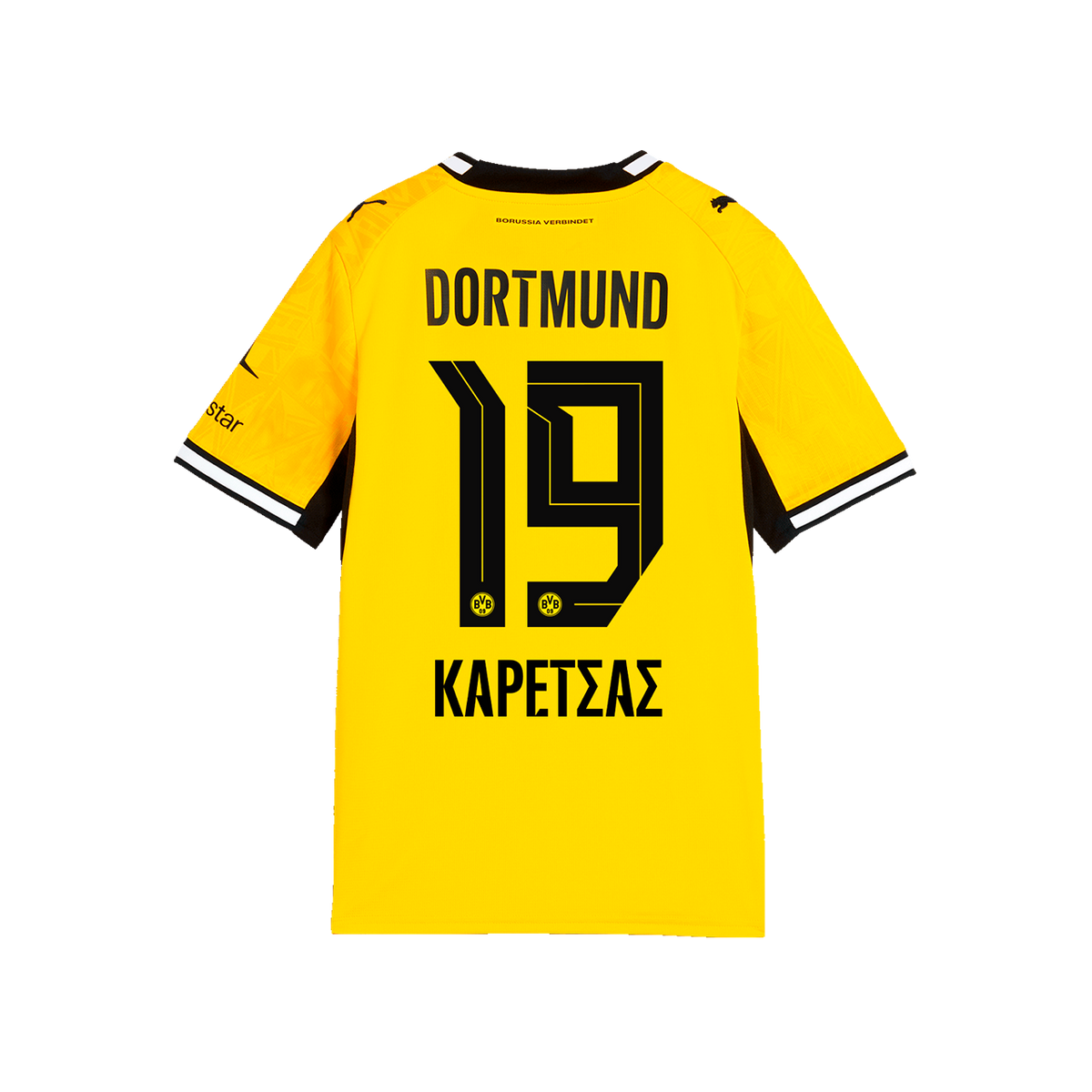 多特蒙德（BVB）26-27赛季儿童款黑黄配色主场球衣背面图，印有“DORTMUND”字样、19号以及希腊文姓名的“Karetsas”。