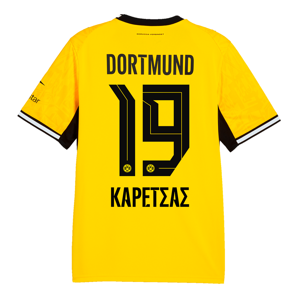 2026/27シーズンのBVBの黄色いホームユニフォームの背面。背番号19（黒）と「Karetsas」のロゴが入っています。
