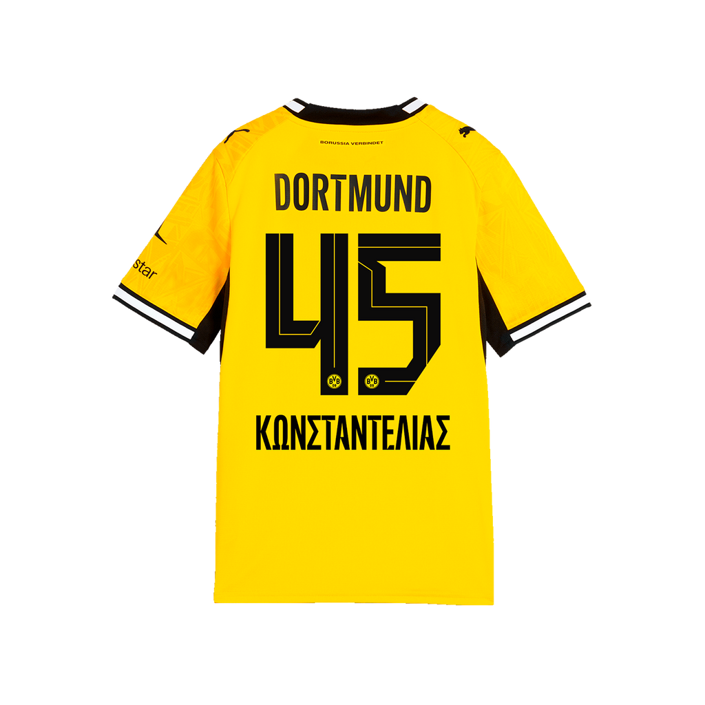 Vista posteriore della maglia da casa del BVB 2026/27 in nero e giallo per bambini, numero 45 con il nome Konstantelias, colletto nero, polsini neri.