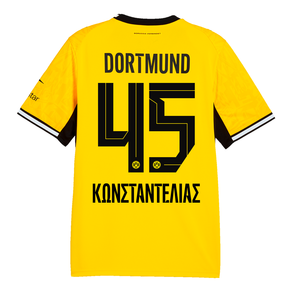 2026/27赛季多特蒙德（BVB）主场球衣，黑黄配色，背面视图，印有球员康斯坦特利亚斯（Konstantelias）的名字和45号，袖口和领口处点缀有黑白细节。