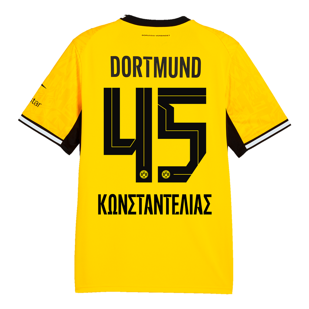Das BVB-Heimtrikot der Saison 2026/27 in schwarzgelb, Rückansicht, mit Spielernamen Konstantelias und Nummer 45, schwarz-weiße Akzente an Ärmeln und Kragen.