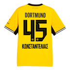 Das BVB-Heimtrikot der Saison 2026/27 in schwarzgelb, Rückansicht, mit Spielernamen Konstantelias und Nummer 45, schwarz-weiße Akzente an Ärmeln und Kragen.