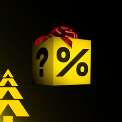 A black-and-yellow BVB gift box with a red bow, decorative symbols, and question marks and percentage signs, presented as a winter surprise.