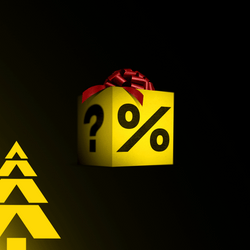 Schwarzgelbe BVB-Winter-Geschenkbox mit roter Schleife, Fragezeichen und Prozentzeichen, ideal als Fanartikel oder Weihnachtsgeschenk.