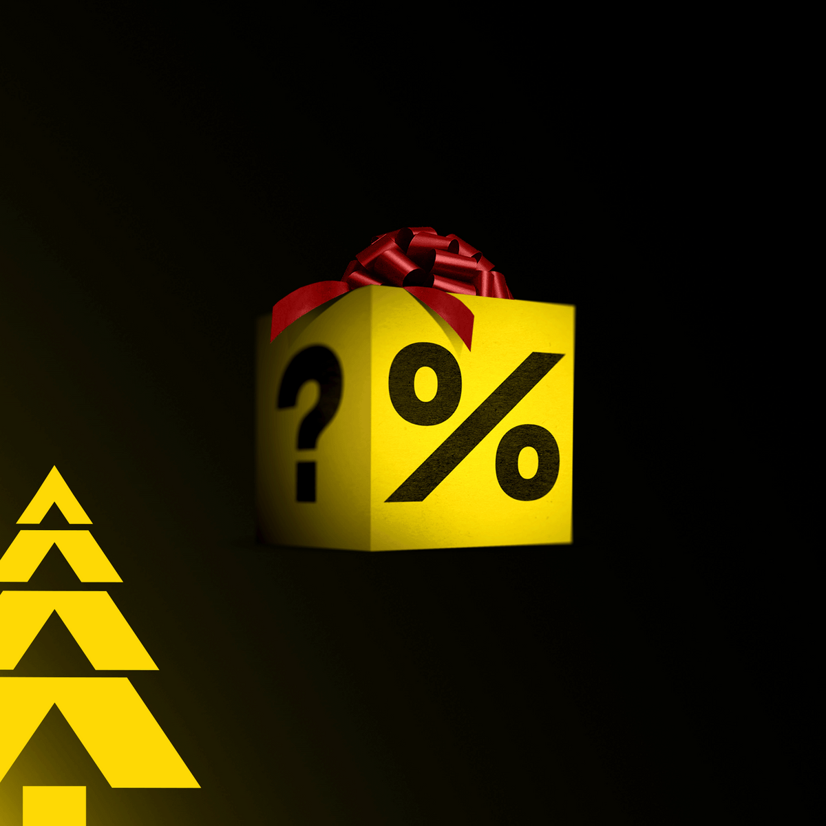 Schwarzgelbe BVB-Winter-Geschenkbox mit roter Schleife, Fragezeichen und Prozentzeichen, ideal als Fanartikel oder Weihnachtsgeschenk.