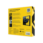 Schwarzgelbe BVB-FanBox mit Stadion-Soundkulisse, auf der Rückseite Produktinformationen und eine Abbildung des Stadionmodells.