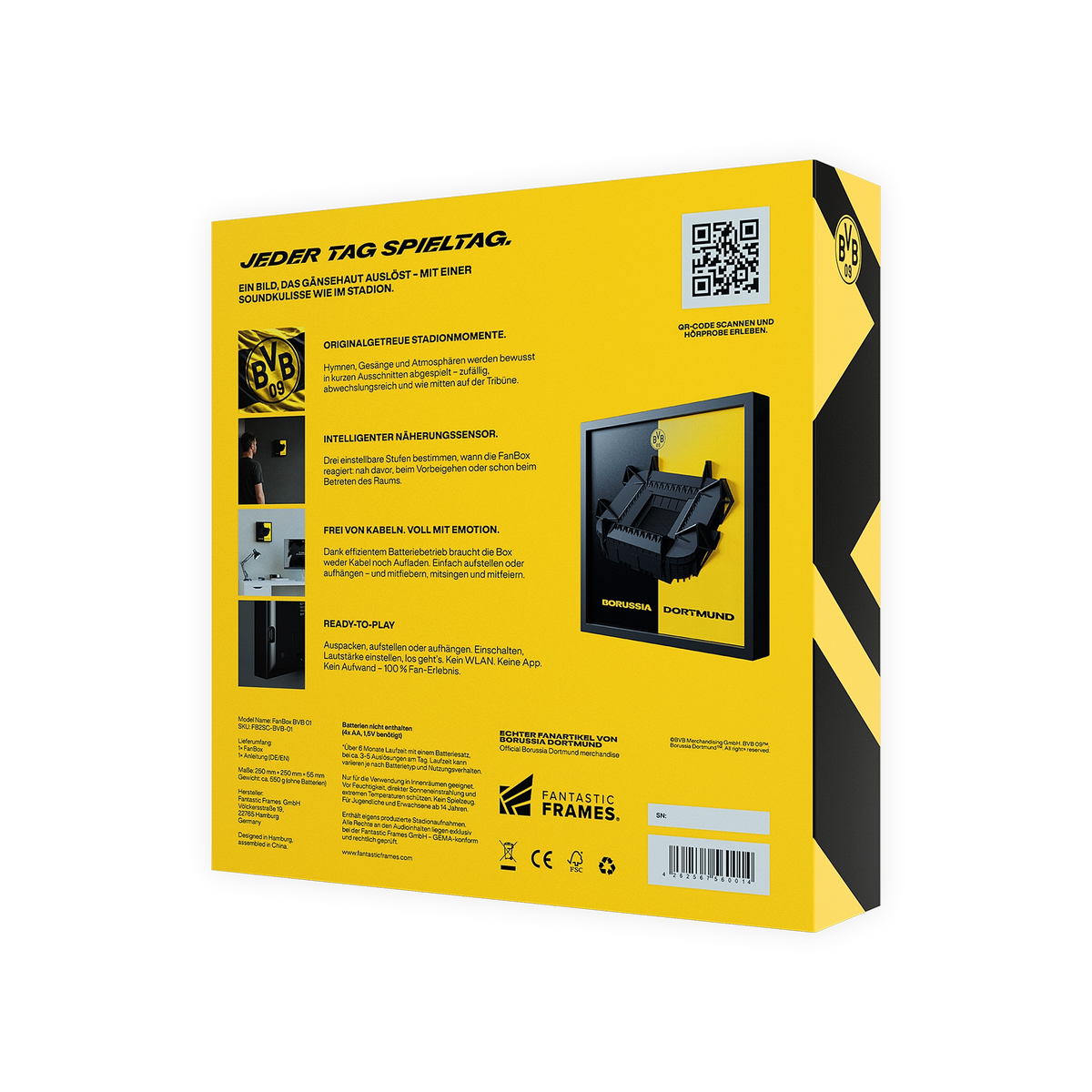 Schwarzgelbe BVB-FanBox mit Stadion-Soundkulisse, auf der Rückseite Produktinformationen und eine Abbildung des Stadionmodells.