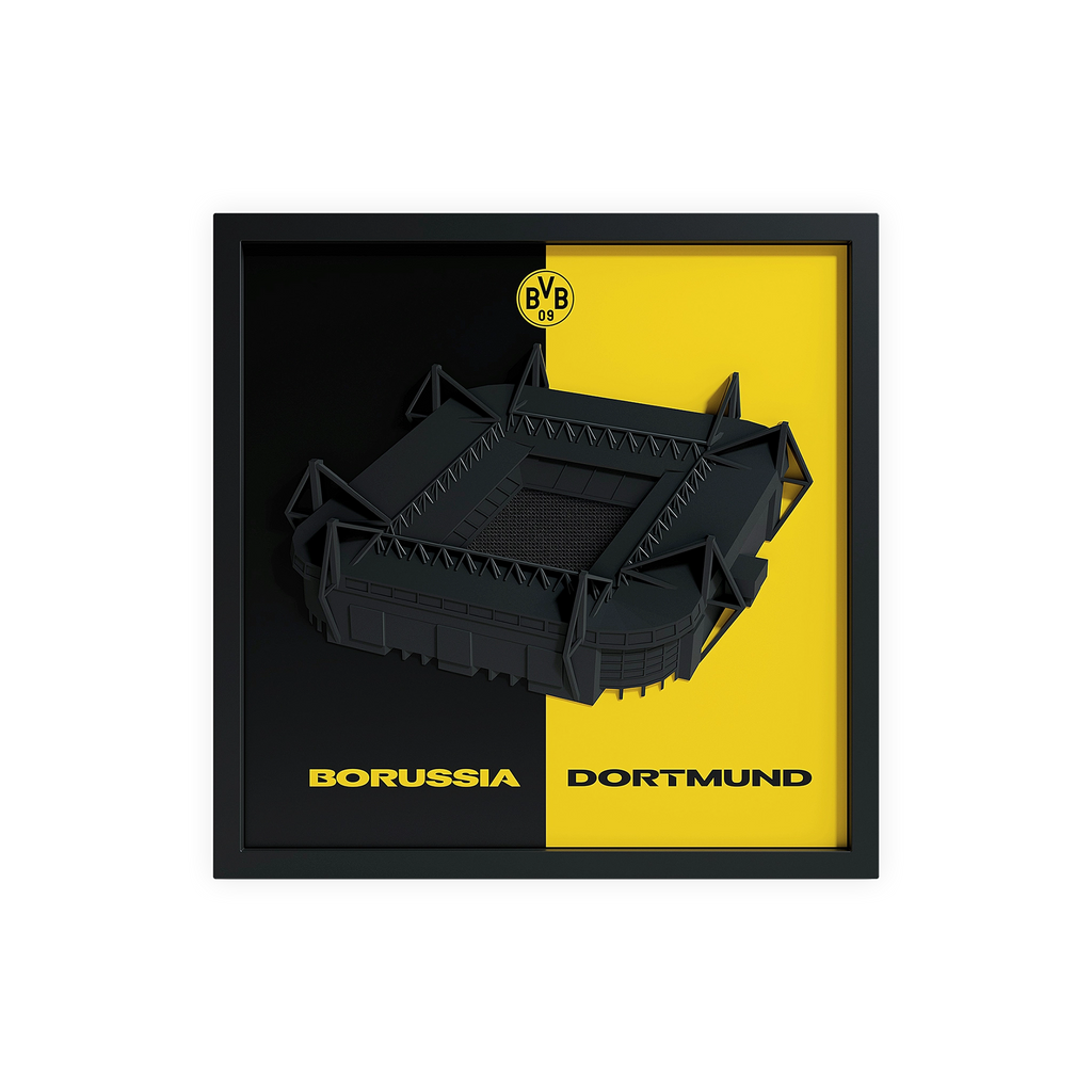 Gerahmte Dekoration mit Modell des SIGNAL IDUNA PARK in schwarzgelb und BVB-Logo, ideal als Fanartikel.