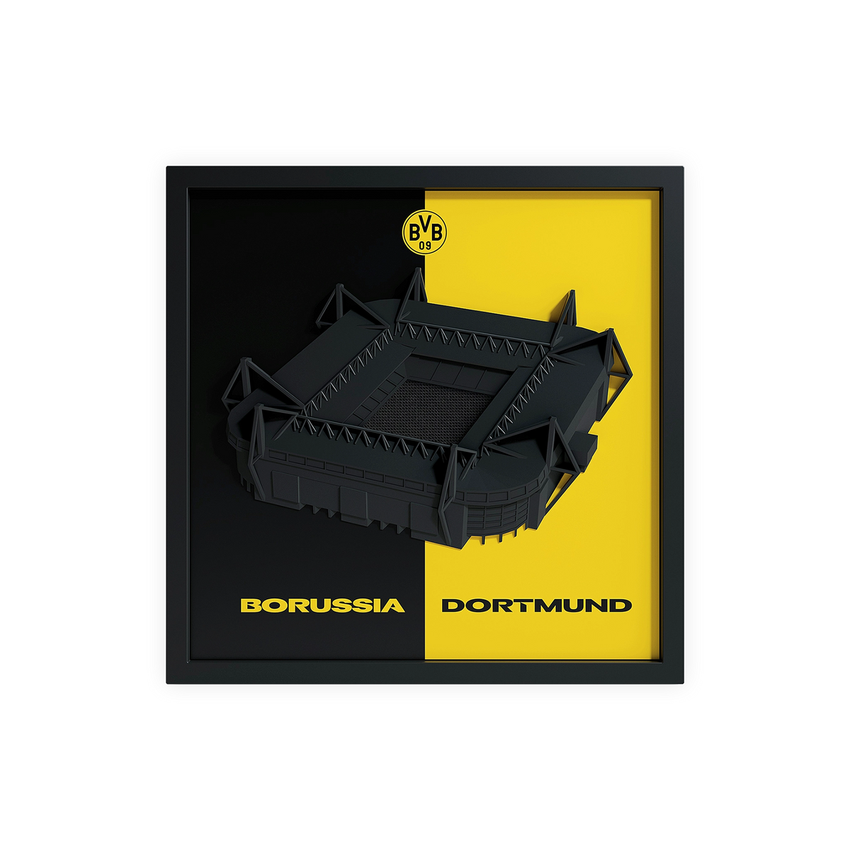 Gerahmte Dekoration mit Modell des SIGNAL IDUNA PARK in schwarzgelb und BVB-Logo, ideal als Fanartikel.
