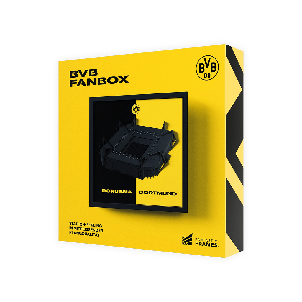 BVB-FanBox mit einem Stadionmodell des SIGNAL IDUNA PARK in schwarzgelbem Design, ideal als Fanartikel oder Geschenk.