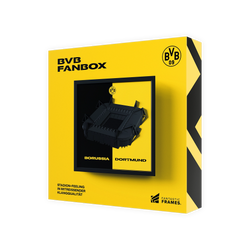 BVB-FanBox mit einem Stadionmodell des SIGNAL IDUNA PARK in schwarzgelbem Design, ideal als Fanartikel oder Geschenk.
