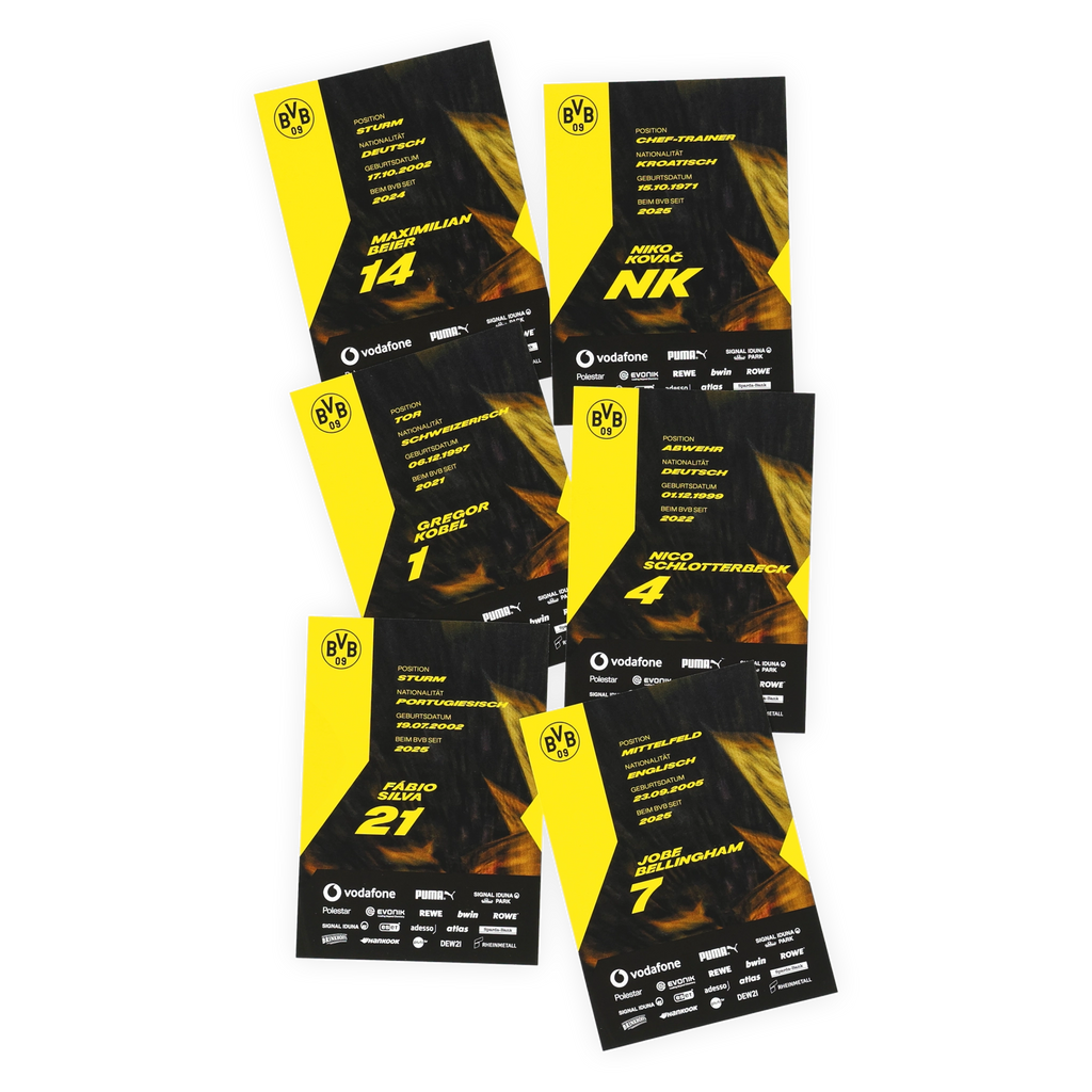 A set of BVB autograph cards from the 26/27 season, featuring the team's signature black-and-yellow design, player photos, and relevant information about the team.