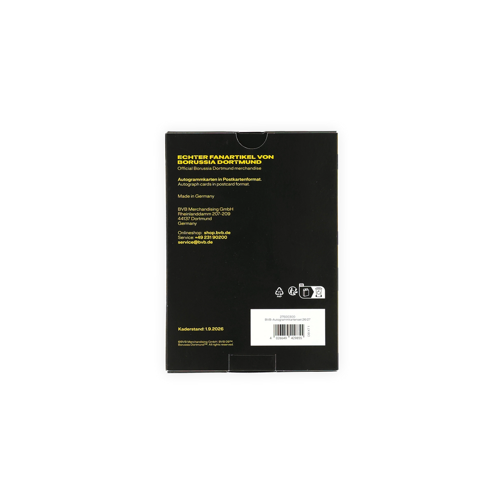 The back of a BVB autograph card set from the 26/27 season in postcard format—authentic Borussia Dortmund merchandise in black-and-yellow design.