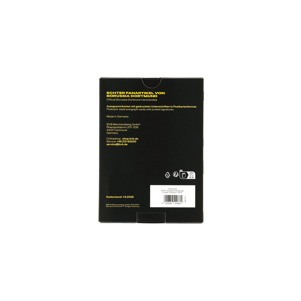 Retro di un set di cartoline autografate del BVB nei colori nero e giallo, con firme stampate, in formato cartolina, ideale per i tifosi del Borussia Dortmund.