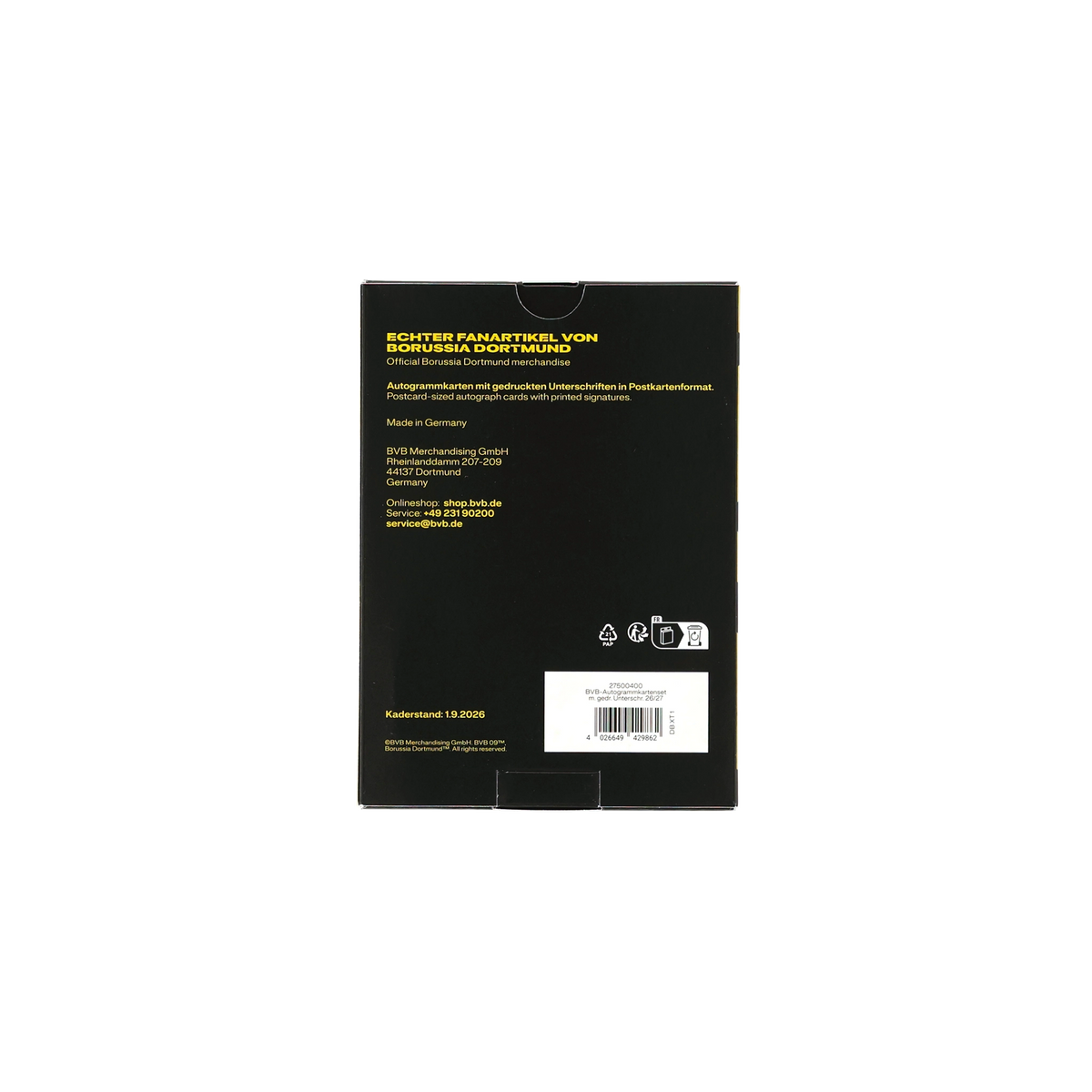 Retro di un set di cartoline autografate del BVB nei colori nero e giallo, con firme stampate, in formato cartolina, ideale per i tifosi del Borussia Dortmund.