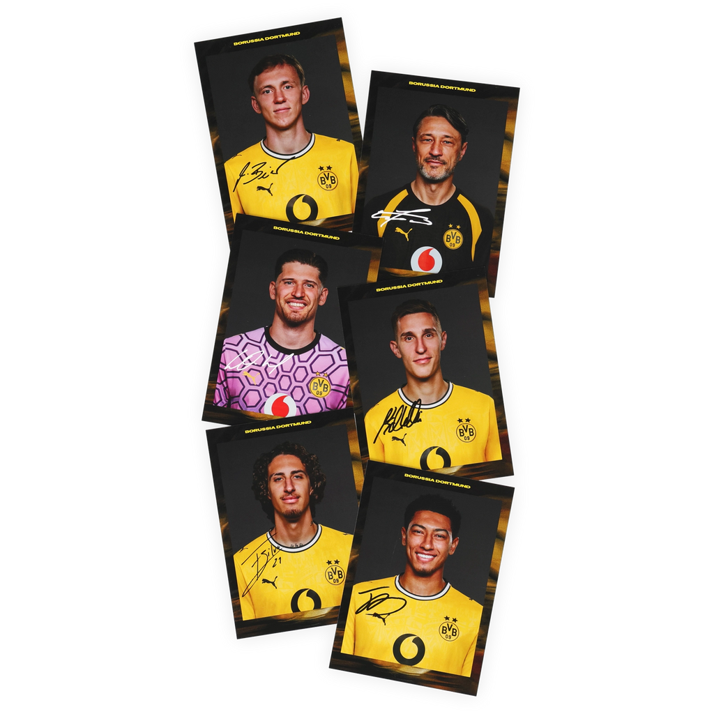Set di figurine autografate del BVB con le firme stampate dei giocatori in maglia nero-gialla per la stagione 2026/2027.
