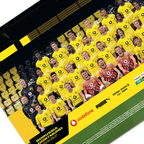 Póster del equipo del BVB para la temporada 2026/27, diseño en negro y amarillo, firmas impresas de los jugadores, logotipos de Puma, Vodafone y Polestar, fotografiado en el SIGNAL IDUNA PARK.