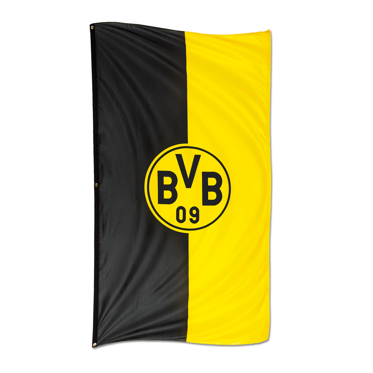 縦長のBVB掲揚旗（サイズ：100×200 cm）。黒と黄色のデザインで、中央にBVBのロゴが入っており、ファングッズとして最適です。