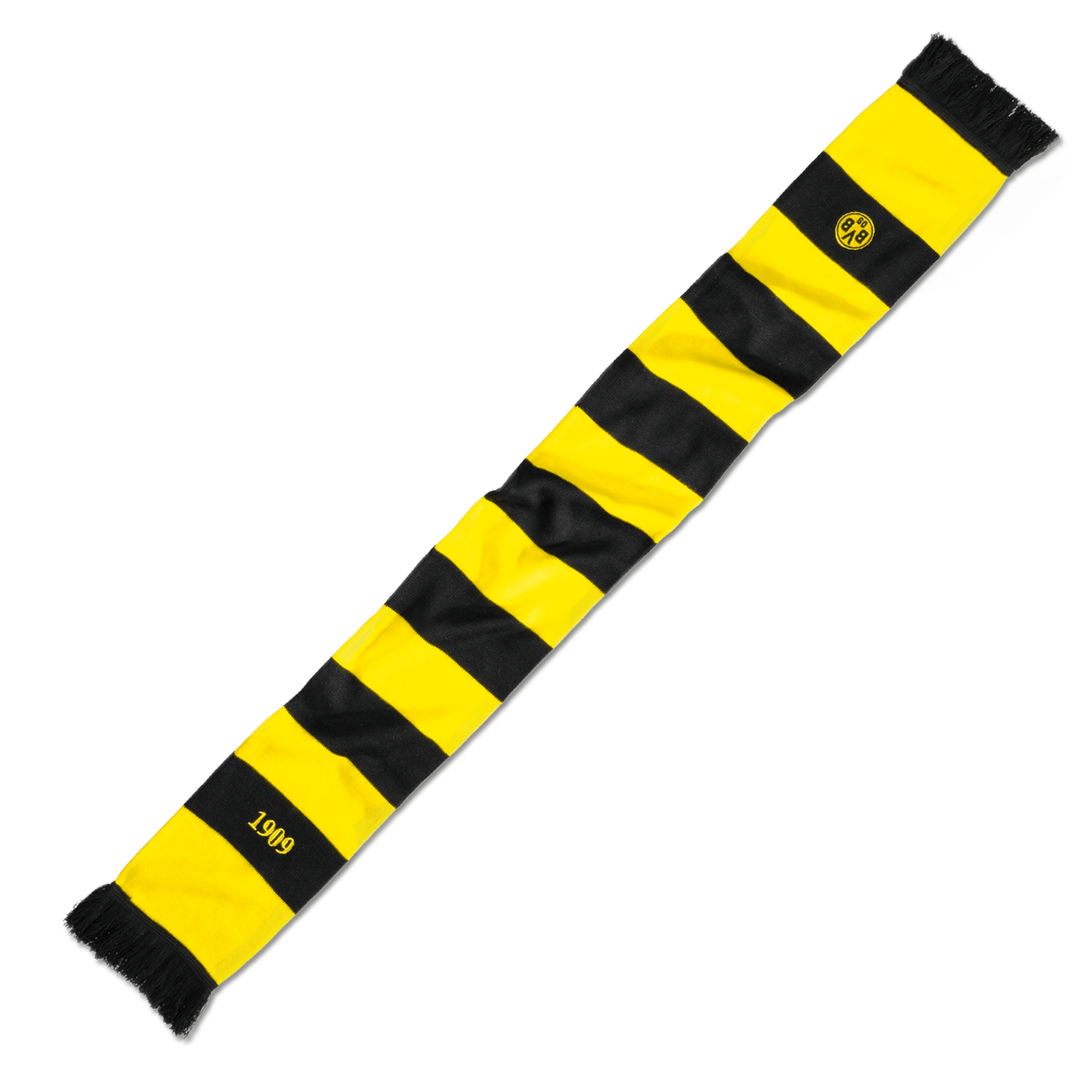 Ein BVB-Fanschal mit klassischen schwarzgelben Blockstreifen, BVB-Emblem sowie der Jahreszahl 1909. Perfekt für Borussia Dortmund Fans.
