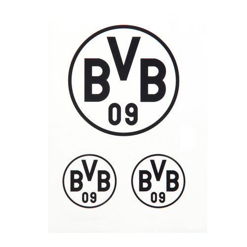 Schwarzes 3er-Aufkleber-Set mit dem BVB-Logo und der Aufschrift 09. Ideal für Fans von Borussia Dortmund.