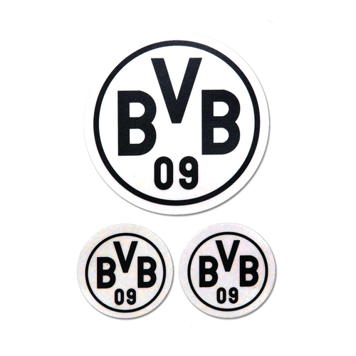 3er-Set schwarz-weiße BVB-Aufkleber mit BVB-Logo und 'BVB 09' Schriftzug als Fanartikel.