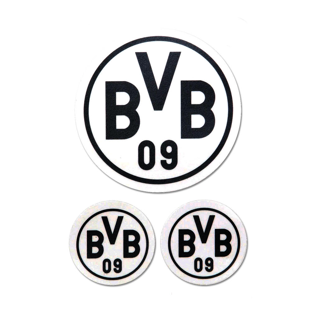 Lote de 3 pegatinas del BVB en blanco y negro con el logotipo del BVB y la inscripción «BVB 09», como artículo para aficionados.