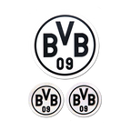 Lote de 3 pegatinas del BVB en blanco y negro con el logotipo del BVB y la inscripción «BVB 09», como artículo para aficionados.