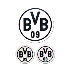 Lot de 3 autocollants noir et blanc du BVB, avec le logo du BVB et l'inscription « BVB 09 », destinés aux supporters.