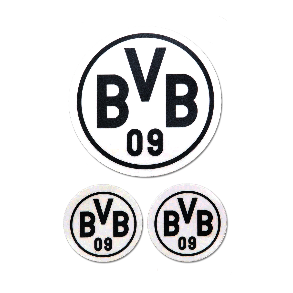 3er-Set schwarz-weiße BVB-Aufkleber mit BVB-Logo und 'BVB 09' Schriftzug als Fanartikel.