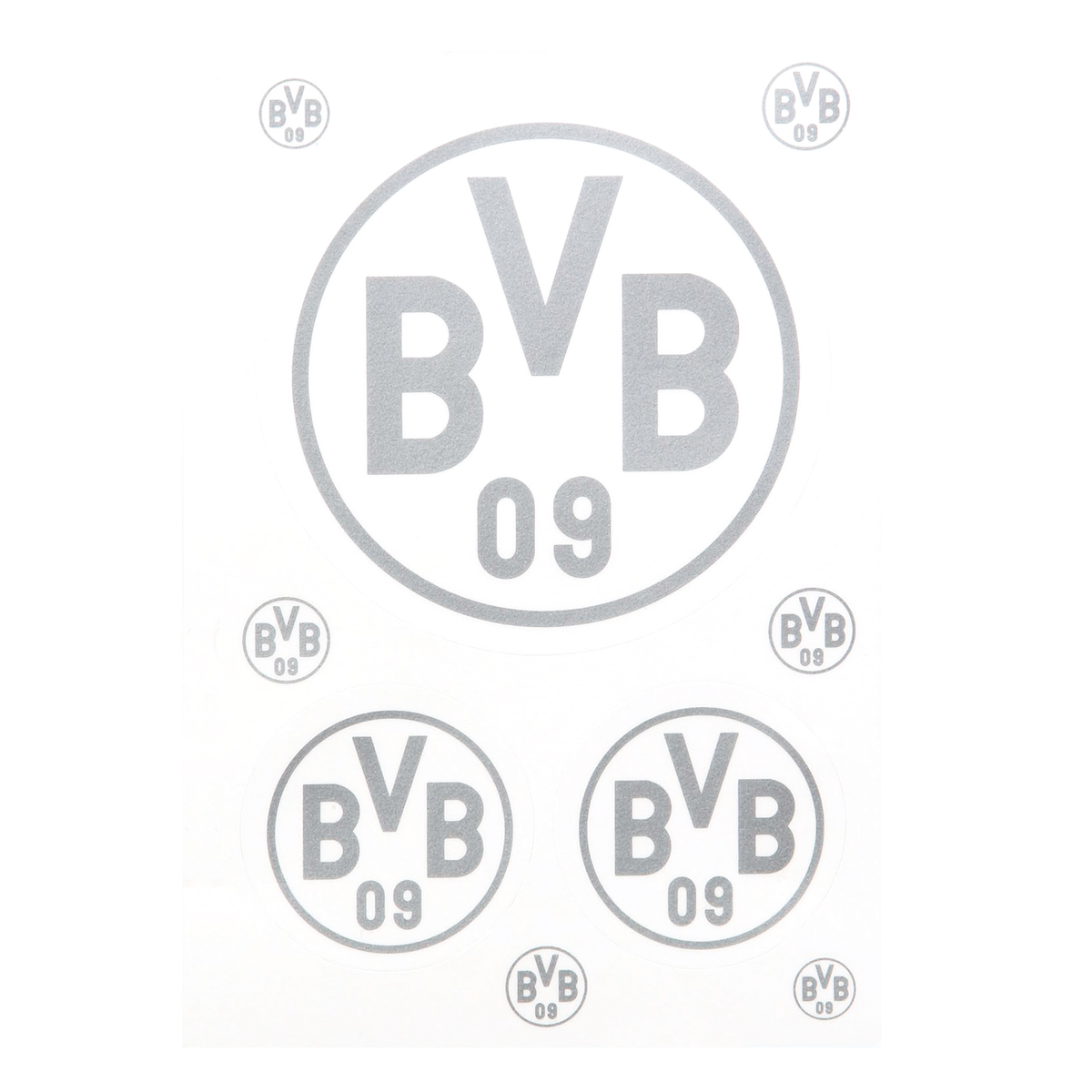 Lot de trois autocollants argentés du BVB arborant le logo du club et l'inscription « BVB 09 », idéal pour les supporters du Borussia Dortmund.
