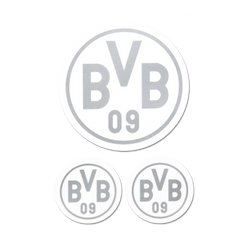 Set of 3 silver-colored BVB stickers with a round design and the BVB-09 logo, ideal for Borussia Dortmund fans.